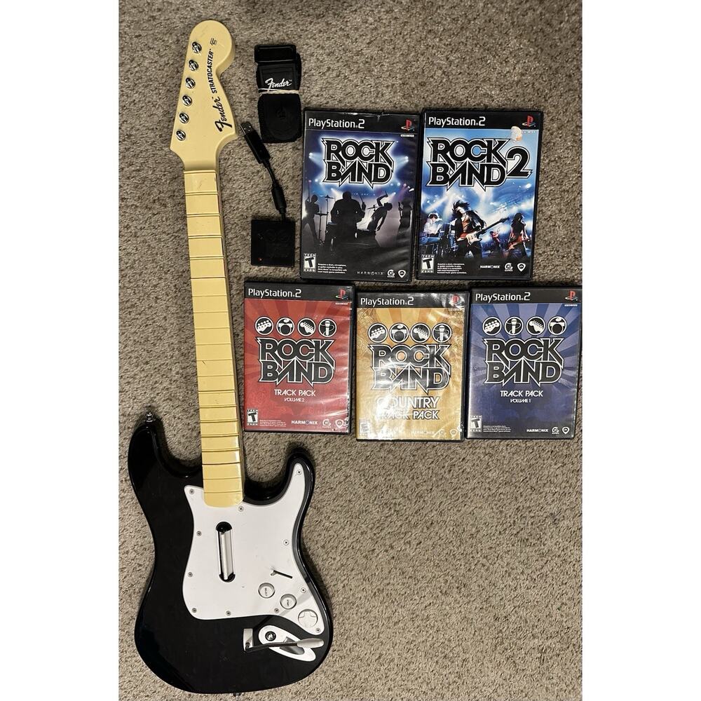 PlayStation 2 PS2 Rock Band Guitar W Stratocaster Dongle & 5 Rockband Games